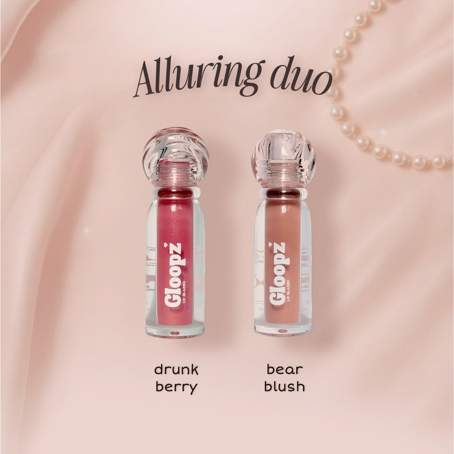 Two lip glosses from Gloopz on a pink background with 'Alluring duo' text