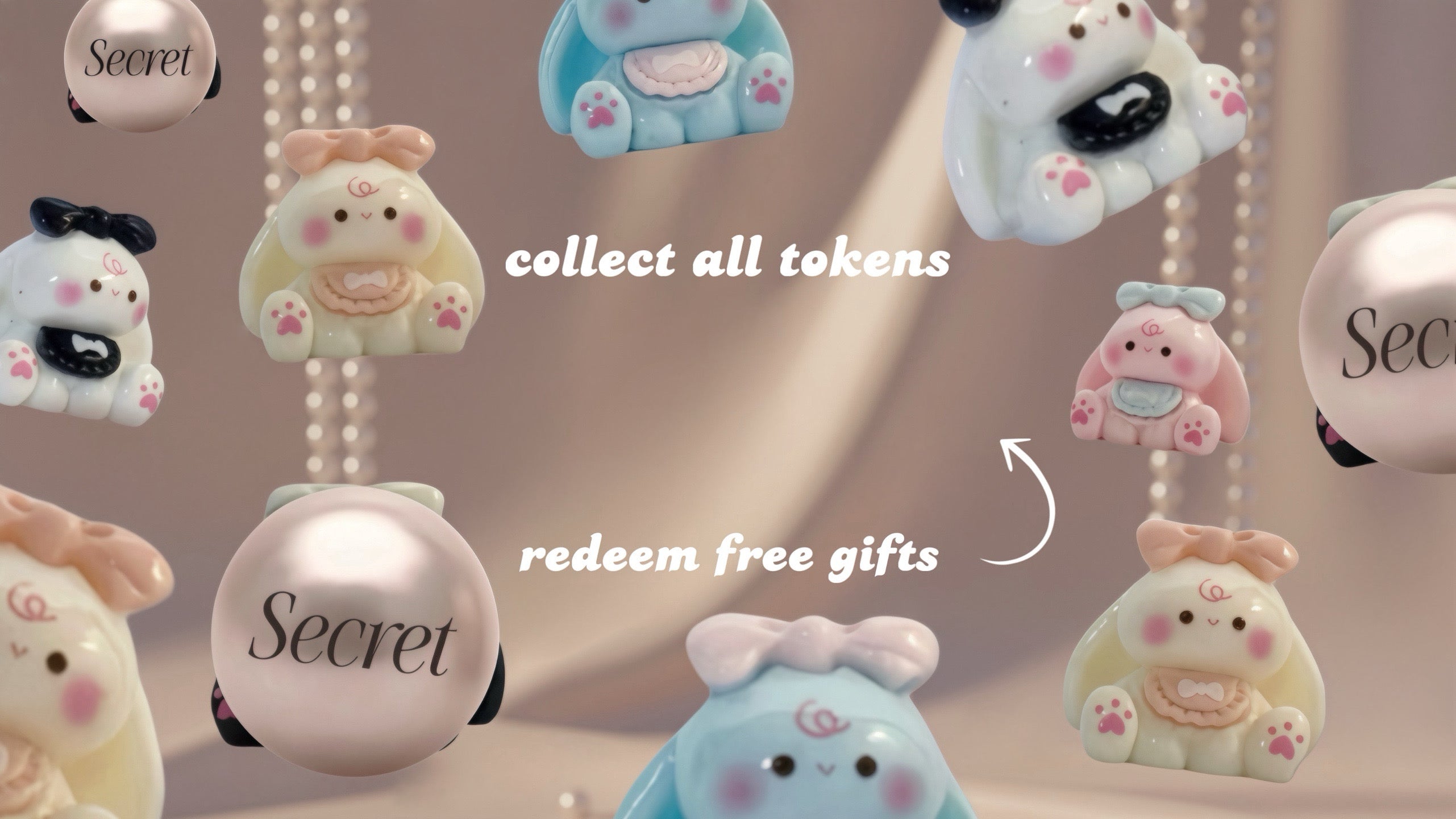 Collection of cute bunny charms with on a neutral background