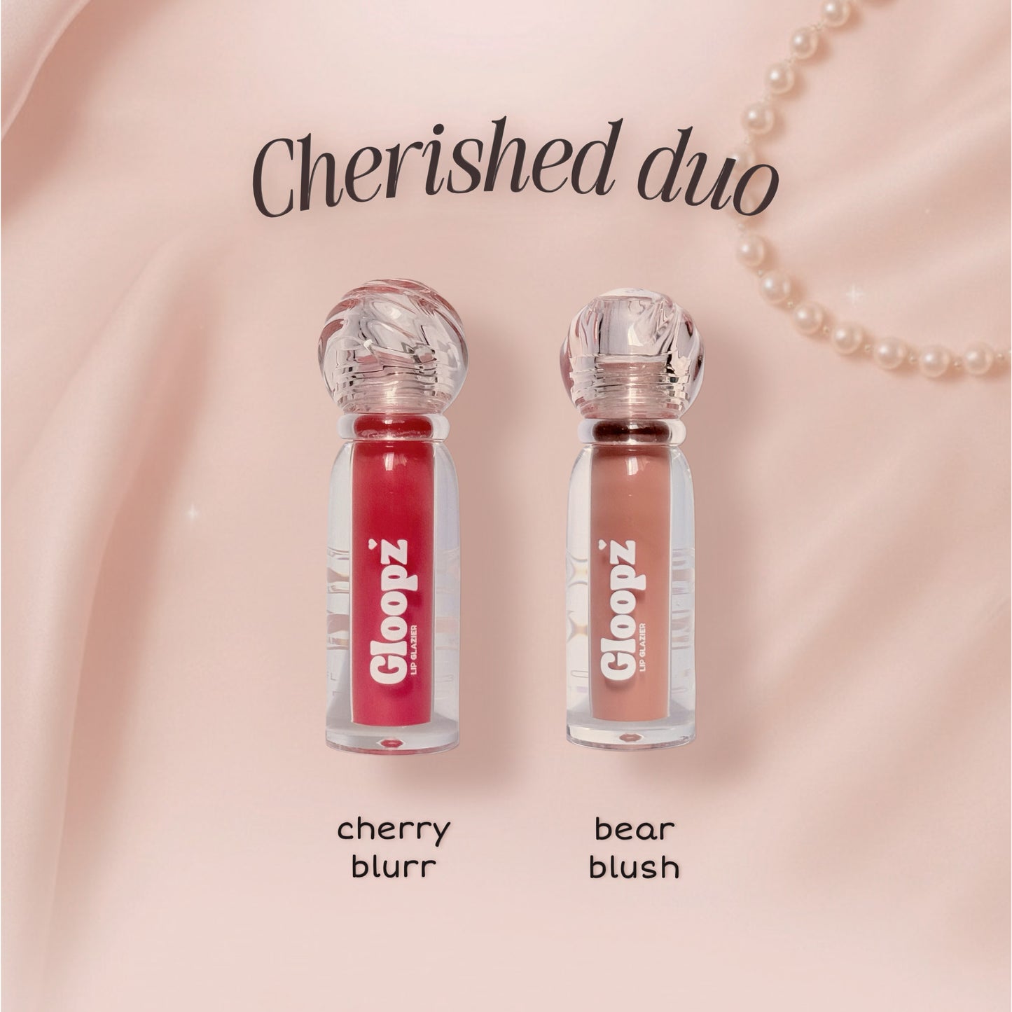 Two lip glosses from Gloopz on a pink background with 'Cherished duo' text.