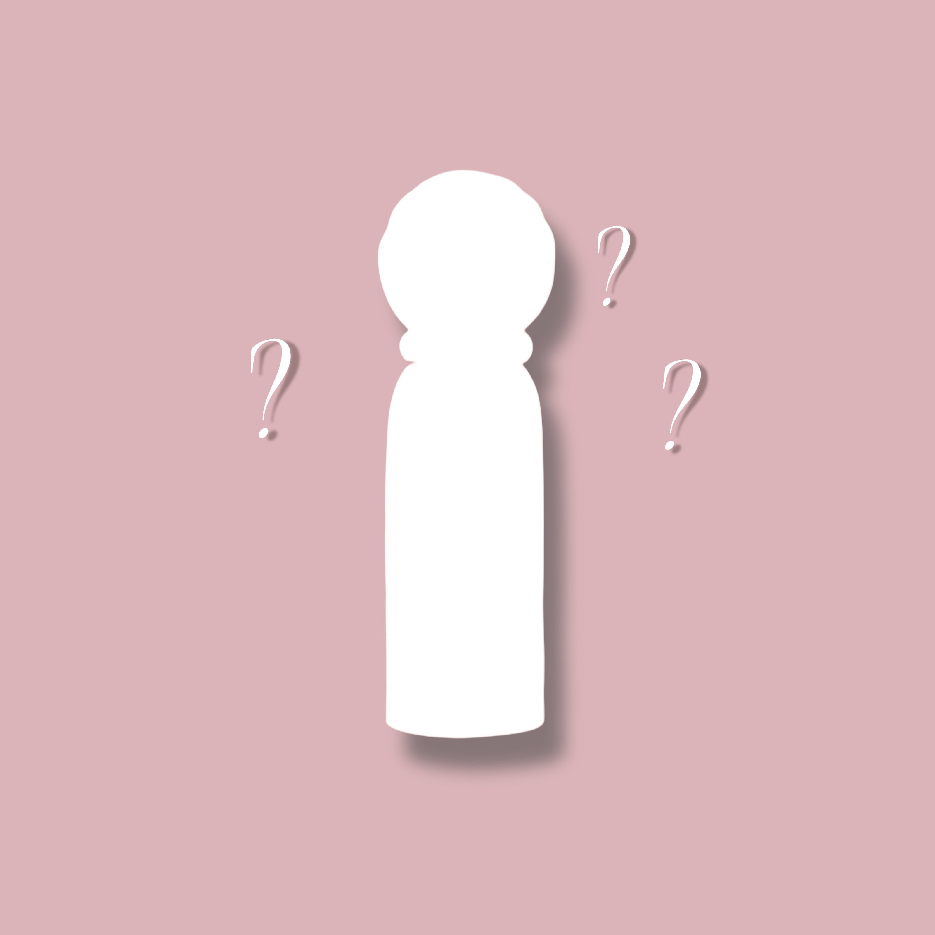 White silhouette of a lipgloss with question marks on a pink background