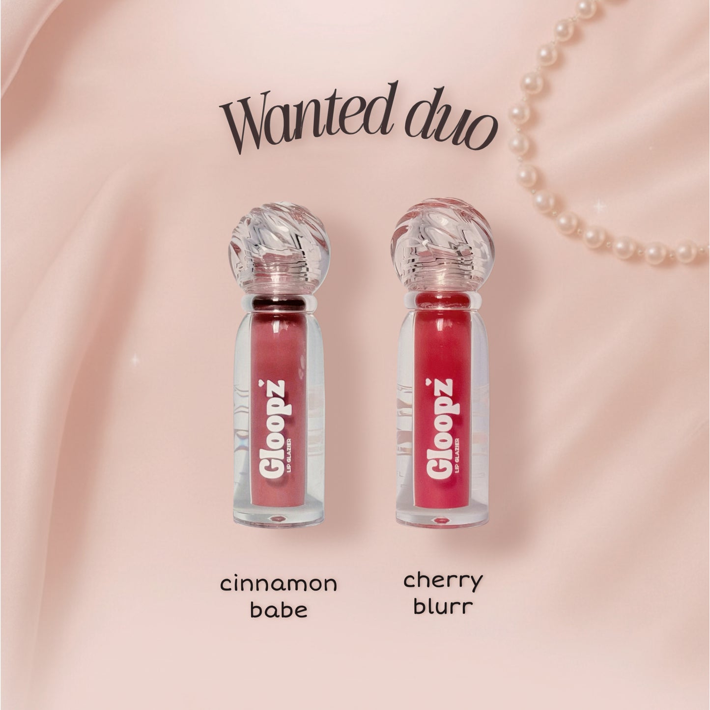 Two lip glosses labeled 'cinnamon babe' and 'cherry blurr' on a pink background with 'Gloopz' branding.